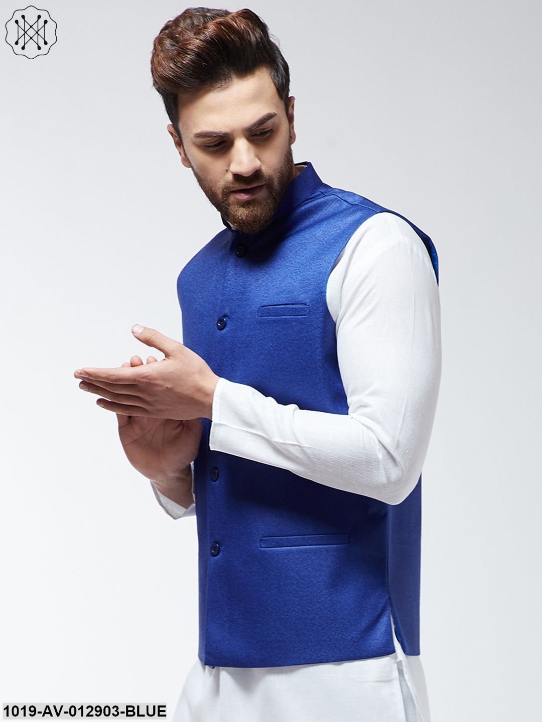 Men's Jute Cotton Royal Blue Only Nehrujacket