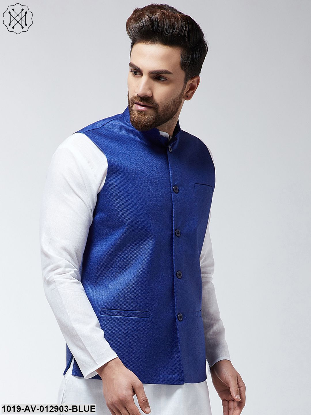 Men's Jute Cotton Royal Blue Only Nehrujacket