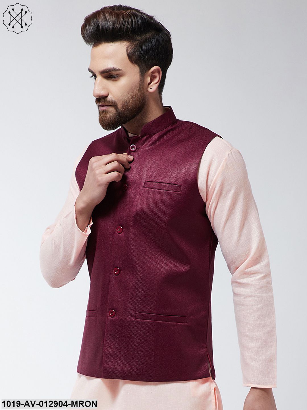 Men's Jute Cotton Maroon Only Nehrujacket
