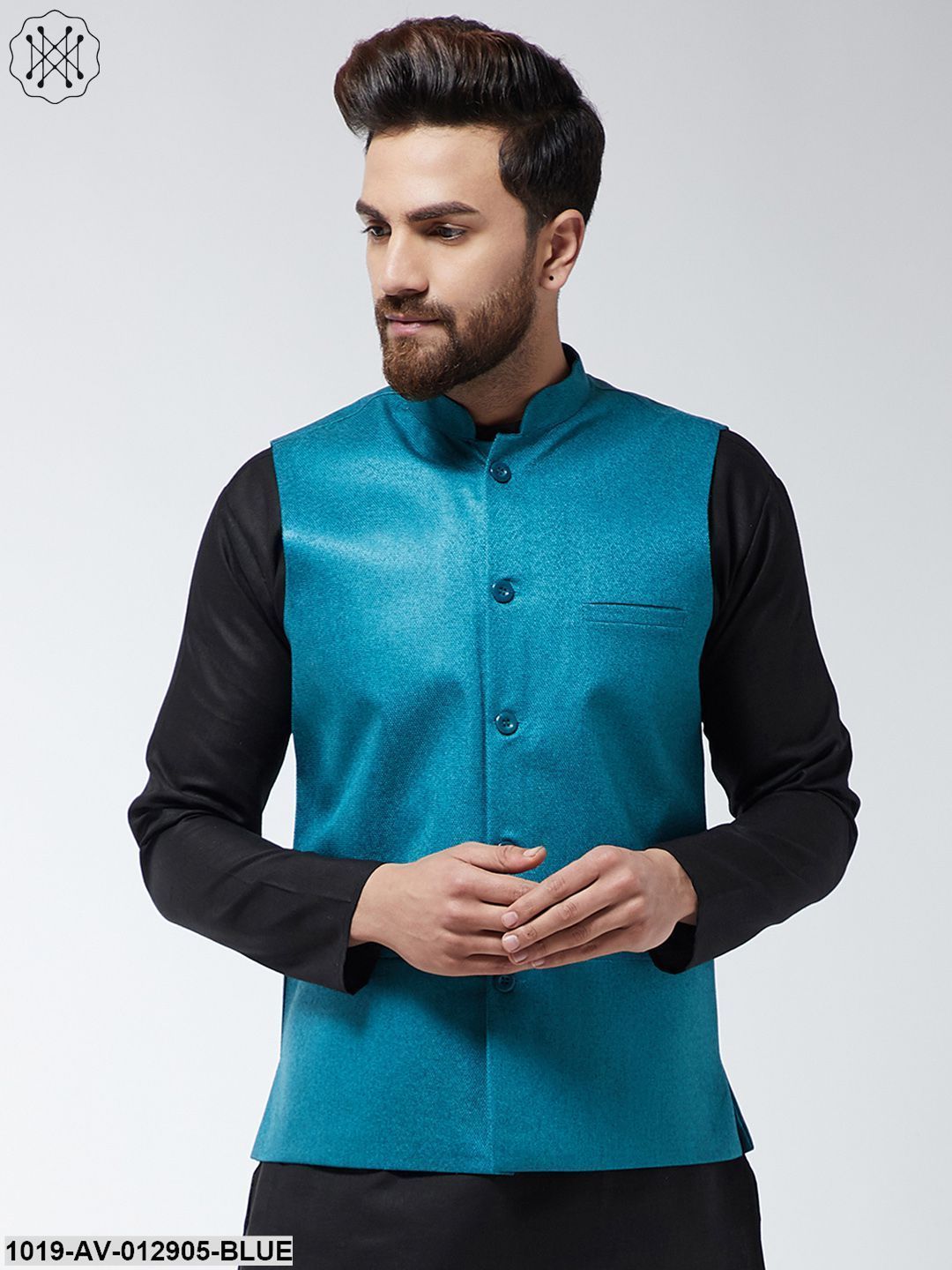 Men's Jute Cotton Peacock Blue Only Nehrujacket