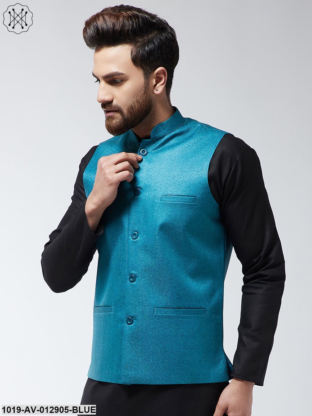 Men's Jute Cotton Peacock Blue Only Nehrujacket