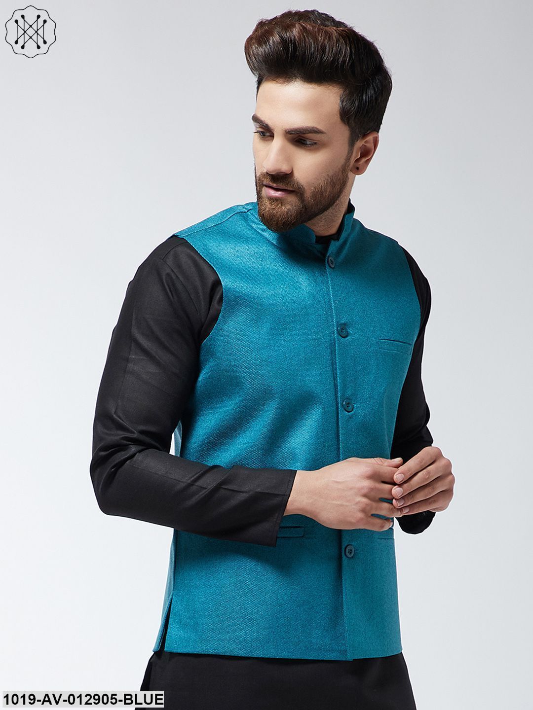 Men's Jute Cotton Peacock Blue Only Nehrujacket