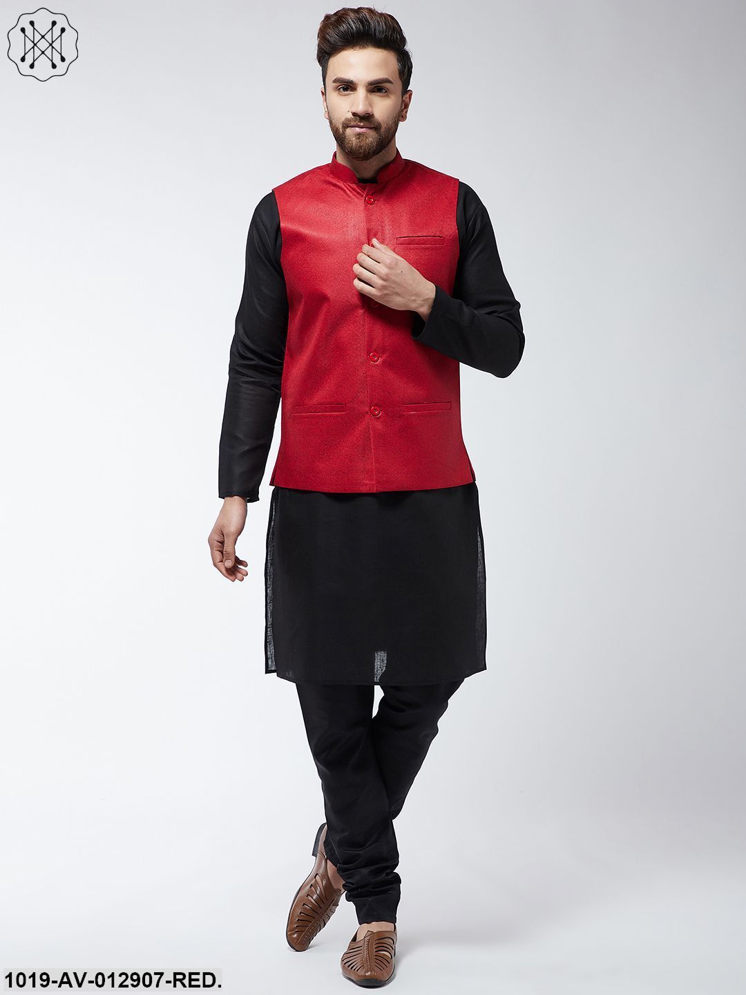Men's Jute Cotton Red Only Nehrujacket