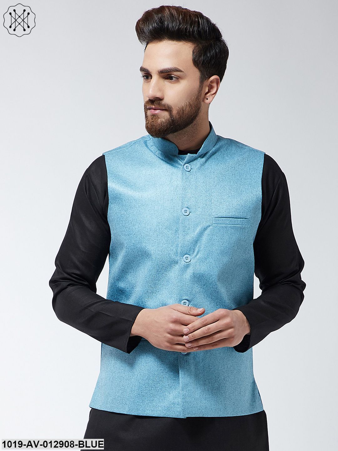 Men's Jute Cotton Sky Blue Only Nehrujacket