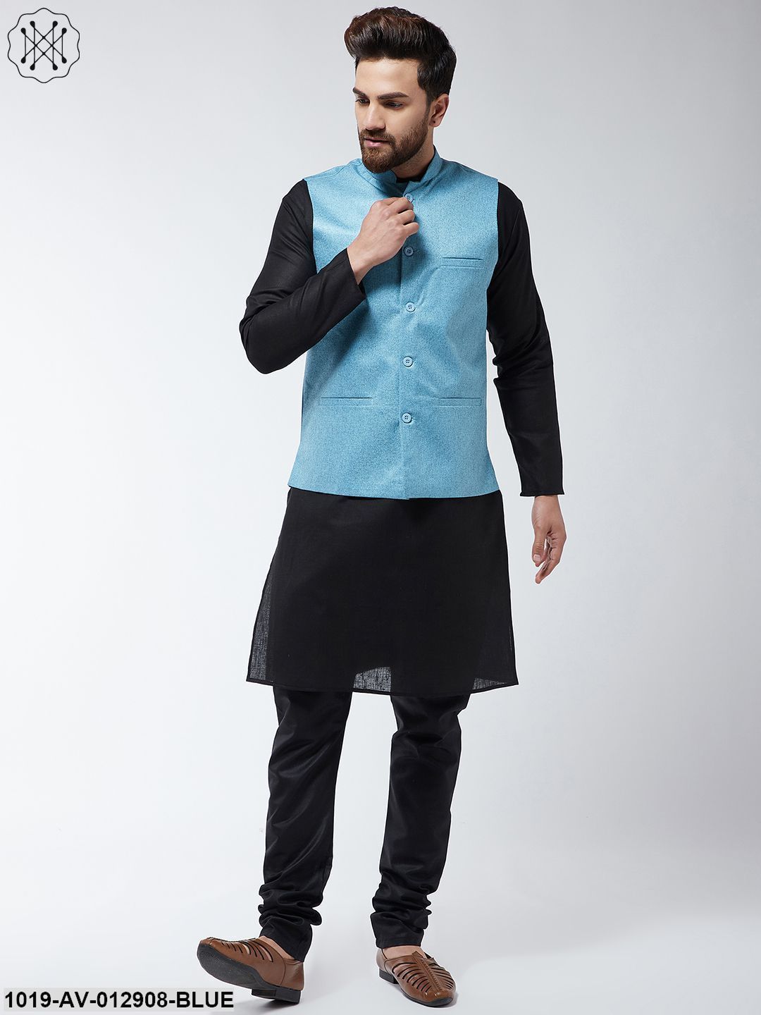 Men's Jute Cotton Sky Blue Only Nehrujacket