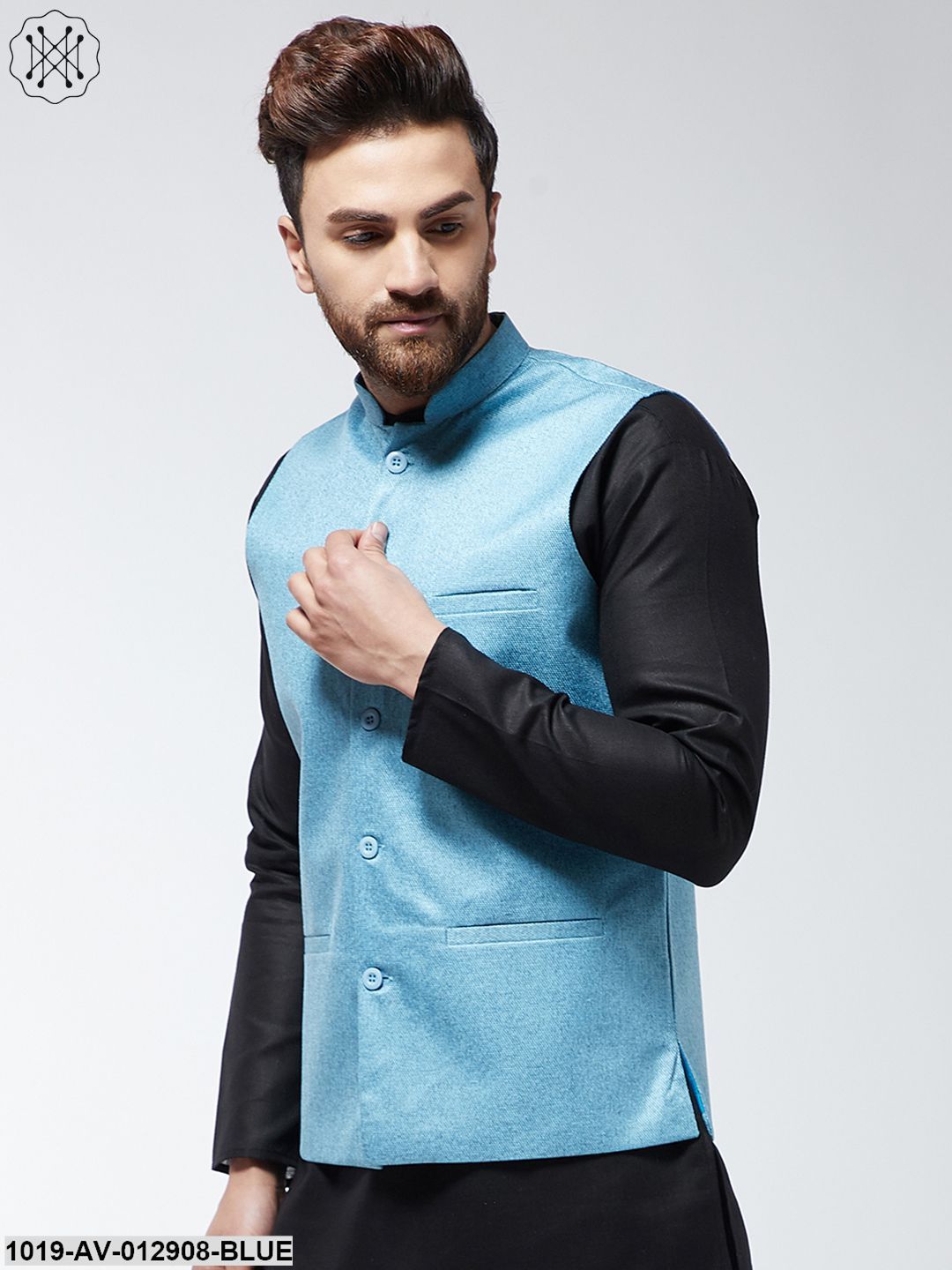Men's Jute Cotton Sky Blue Only Nehrujacket