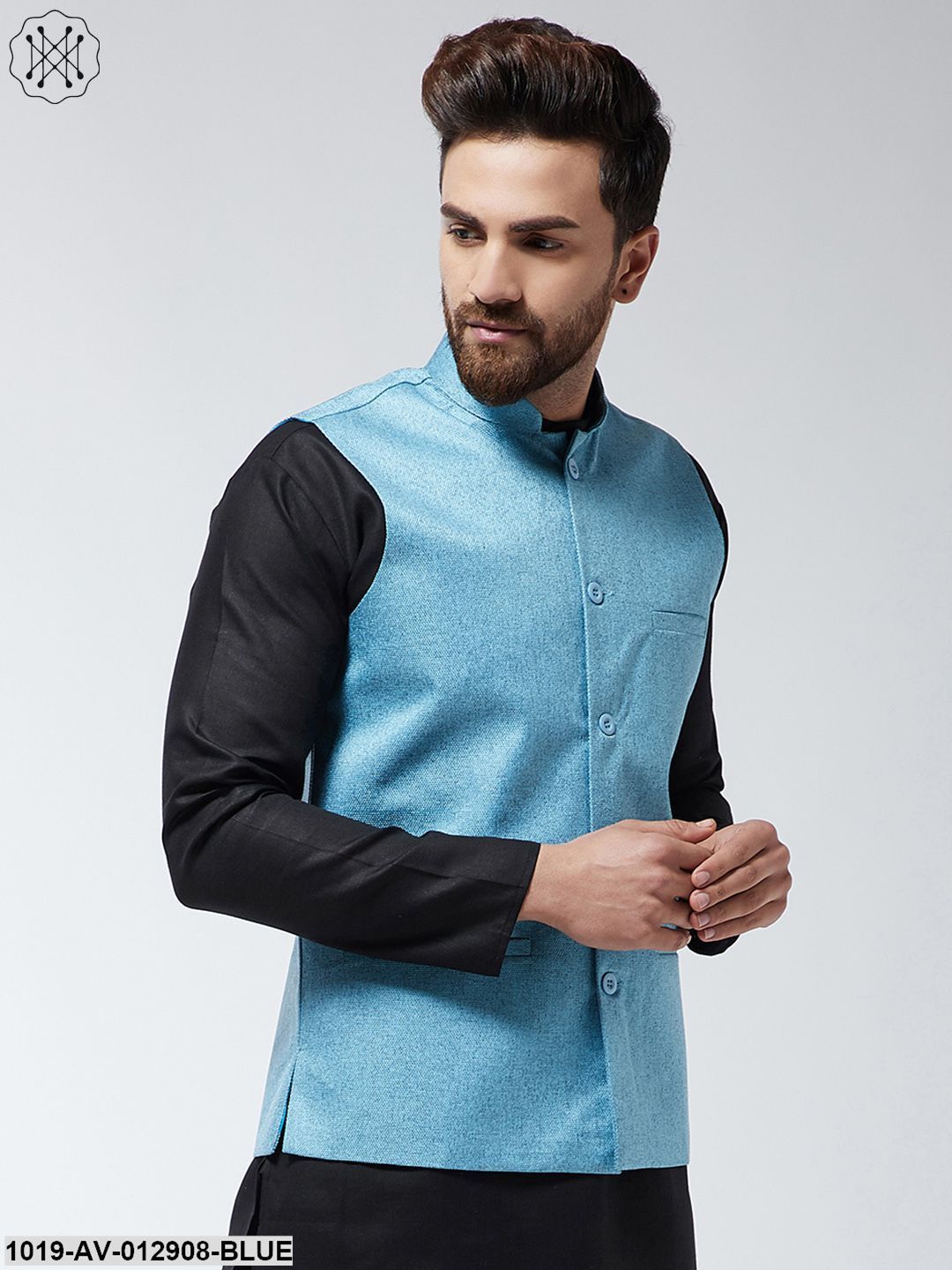 Men's Jute Cotton Sky Blue Only Nehrujacket
