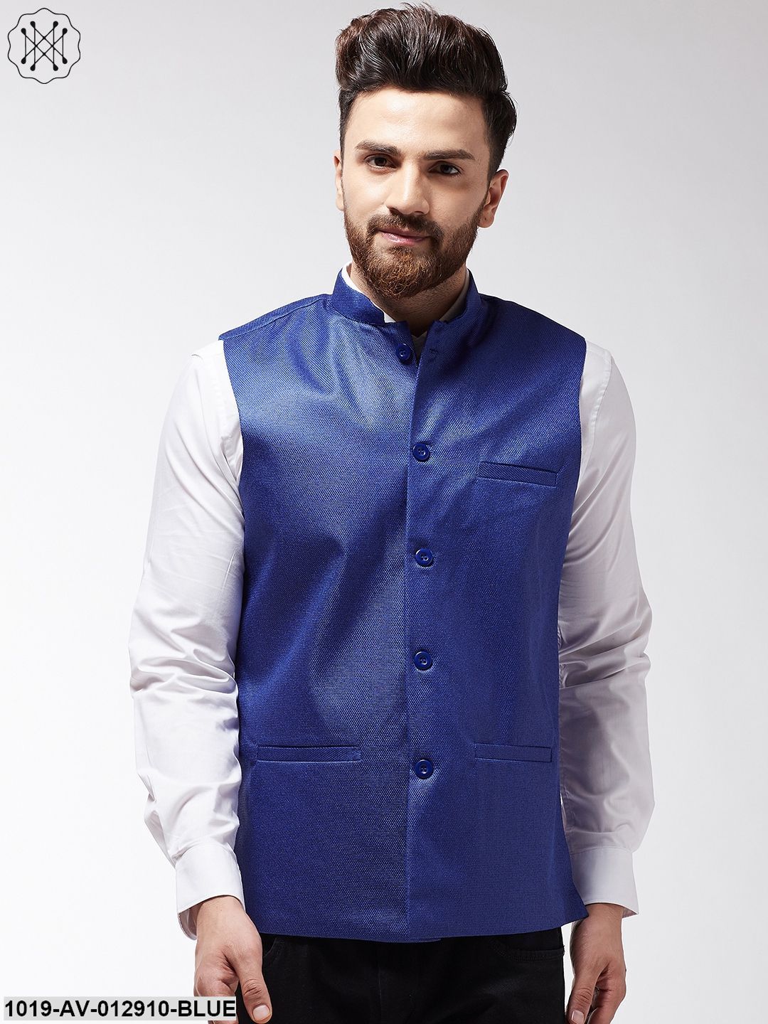 Men's Jute Cotton Royal Blue Only Nehrujacket