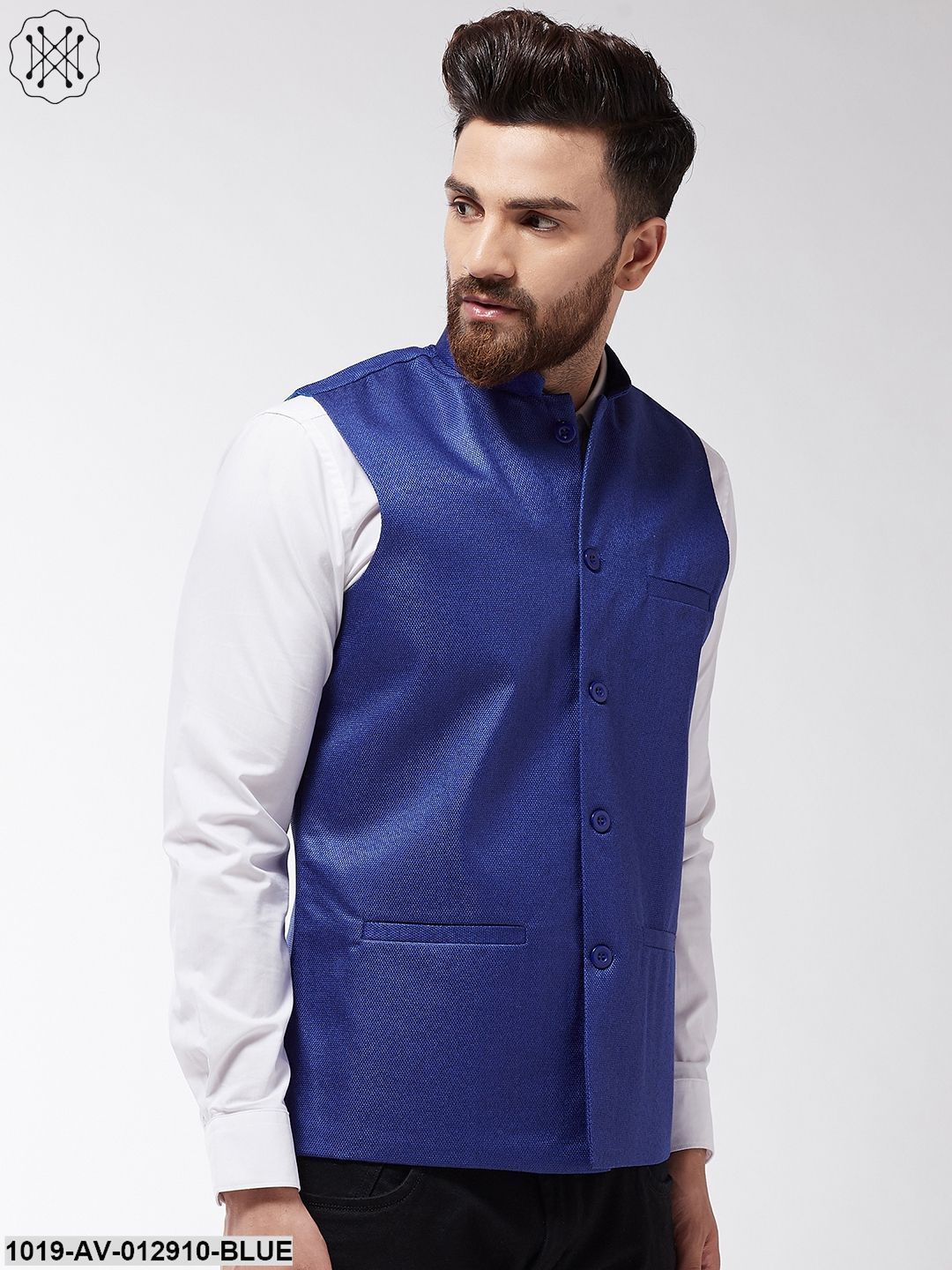Men's Jute Cotton Royal Blue Only Nehrujacket