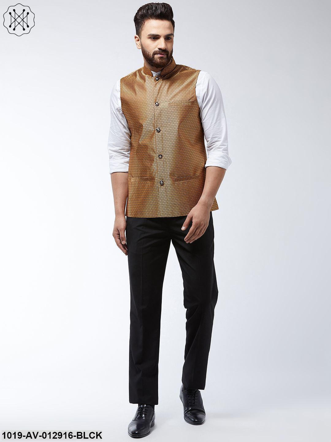 Men's Jacquard Silk Copper Self Design Nehru Jacket - Sojanya