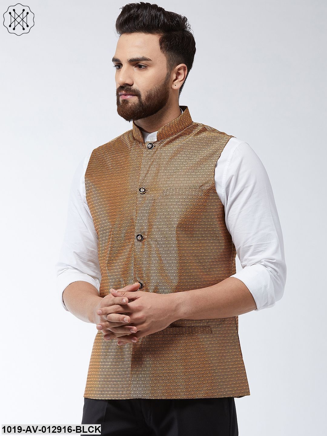 Men's Jacquard Silk Copper Self Design Nehru Jacket - Sojanya