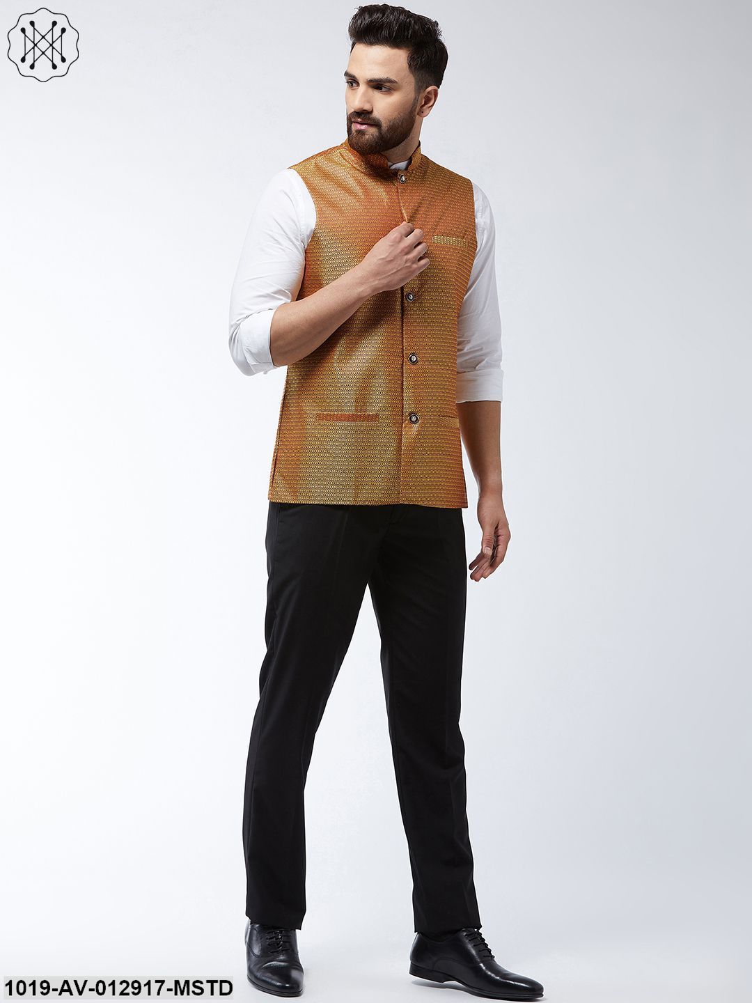 Men's Jacquard Silk Mustard Self Design Nehru Jacket - Sojanya
