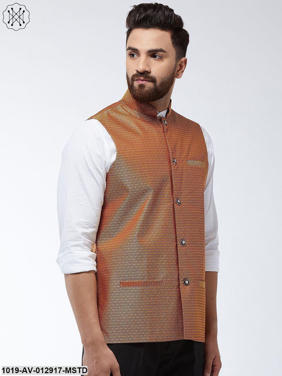 Men's Jacquard Silk Mustard Self Design Nehru Jacket - Sojanya