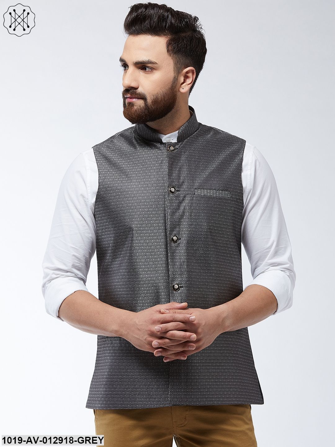Men's Jacquard Silk Grey Self Design Nehru Jacket