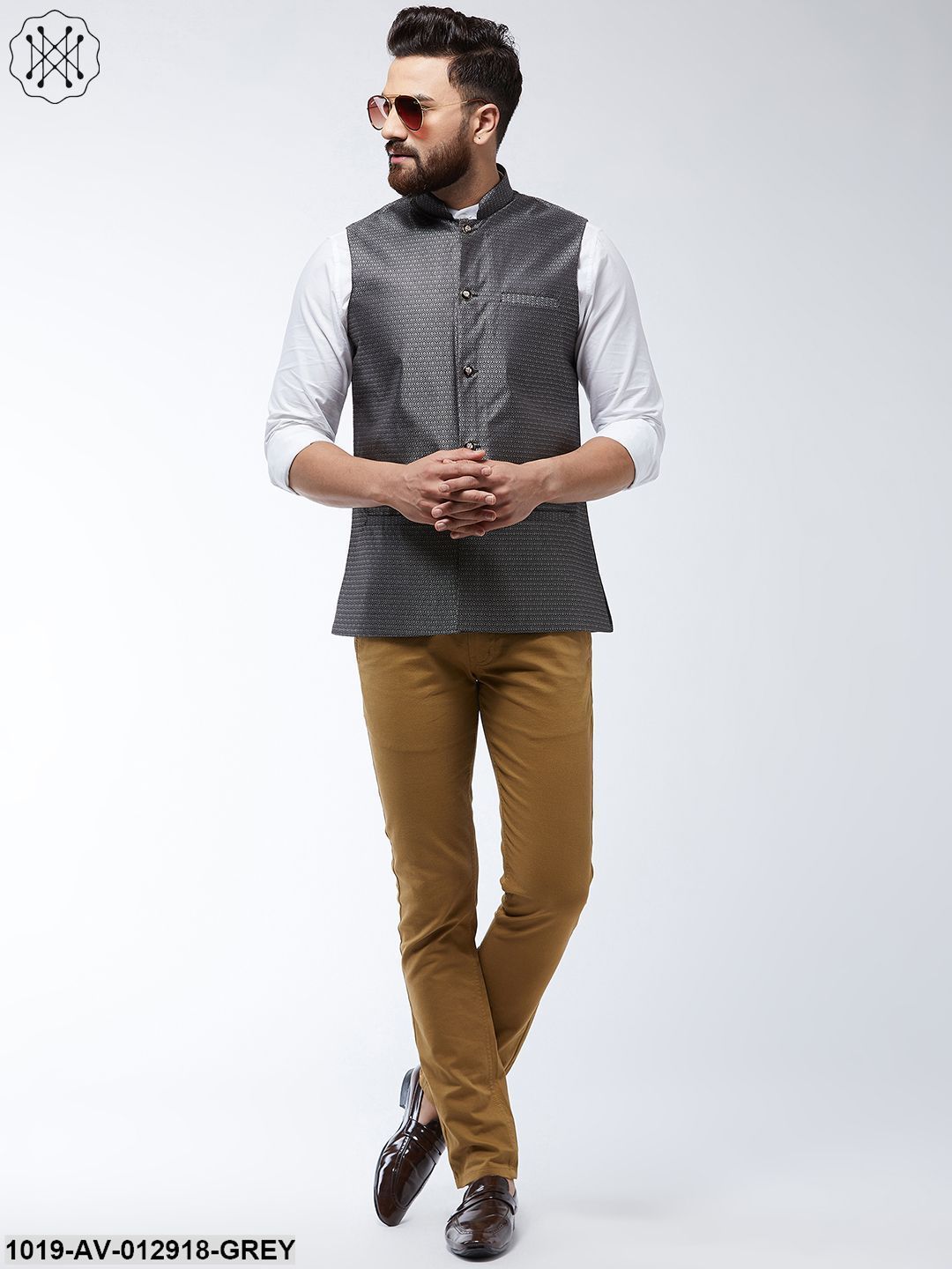 Men's Jacquard Silk Grey Self Design Nehru Jacket