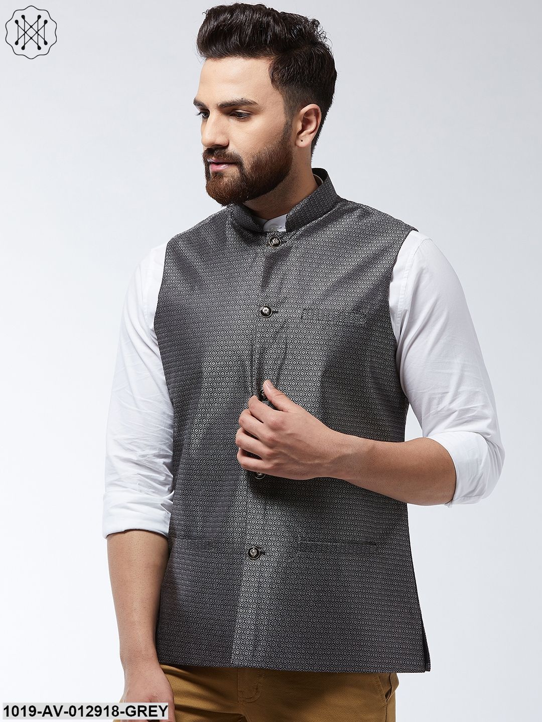 Men's Jacquard Silk Grey Self Design Nehru Jacket