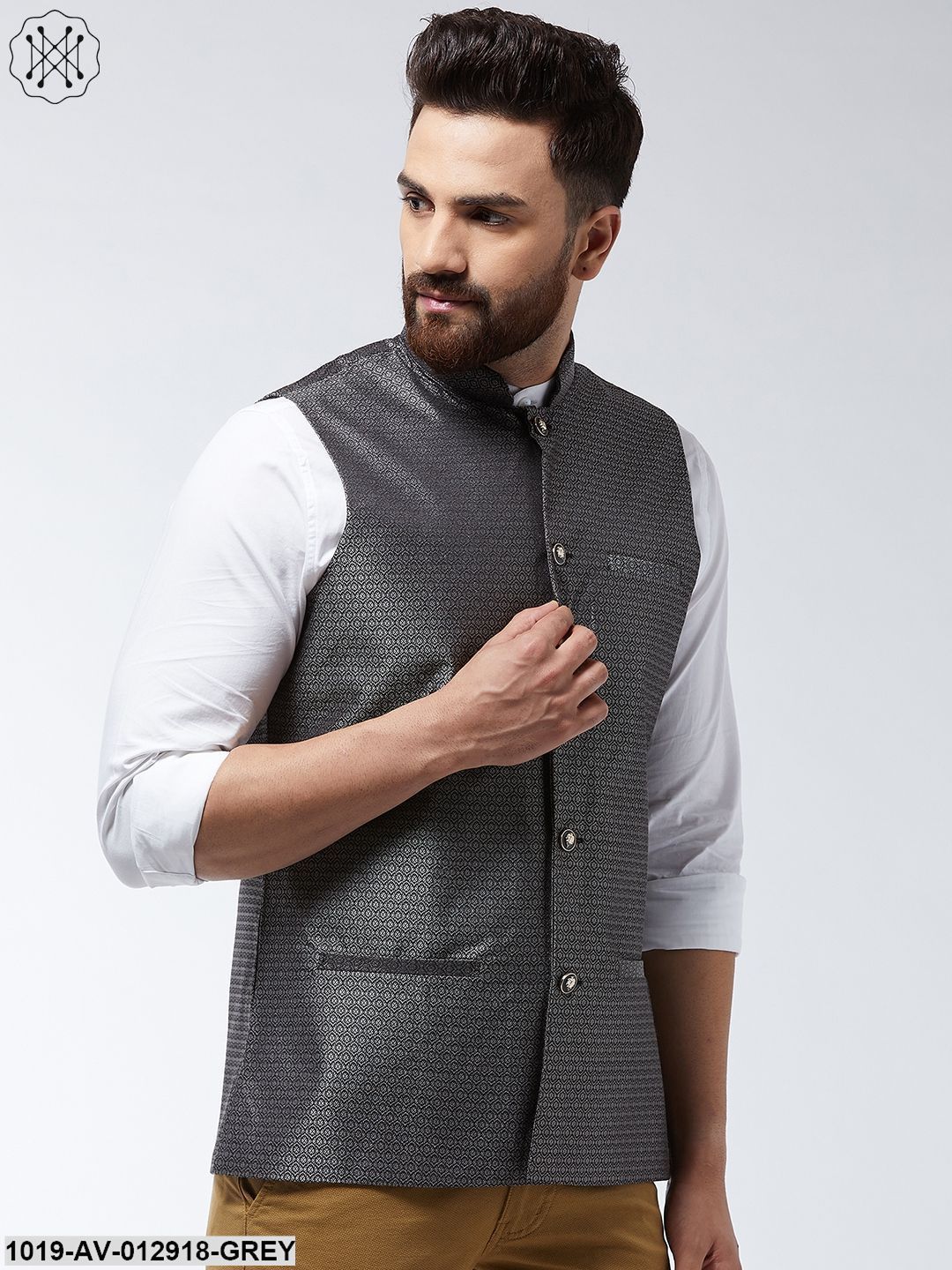 Men's Jacquard Silk Grey Self Design Nehru Jacket