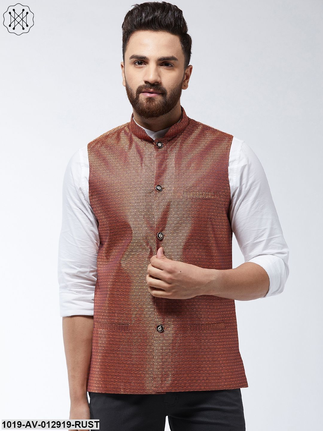 Men's Jacquard Silk Rust Self Design Nehru Jacket - Sojanya