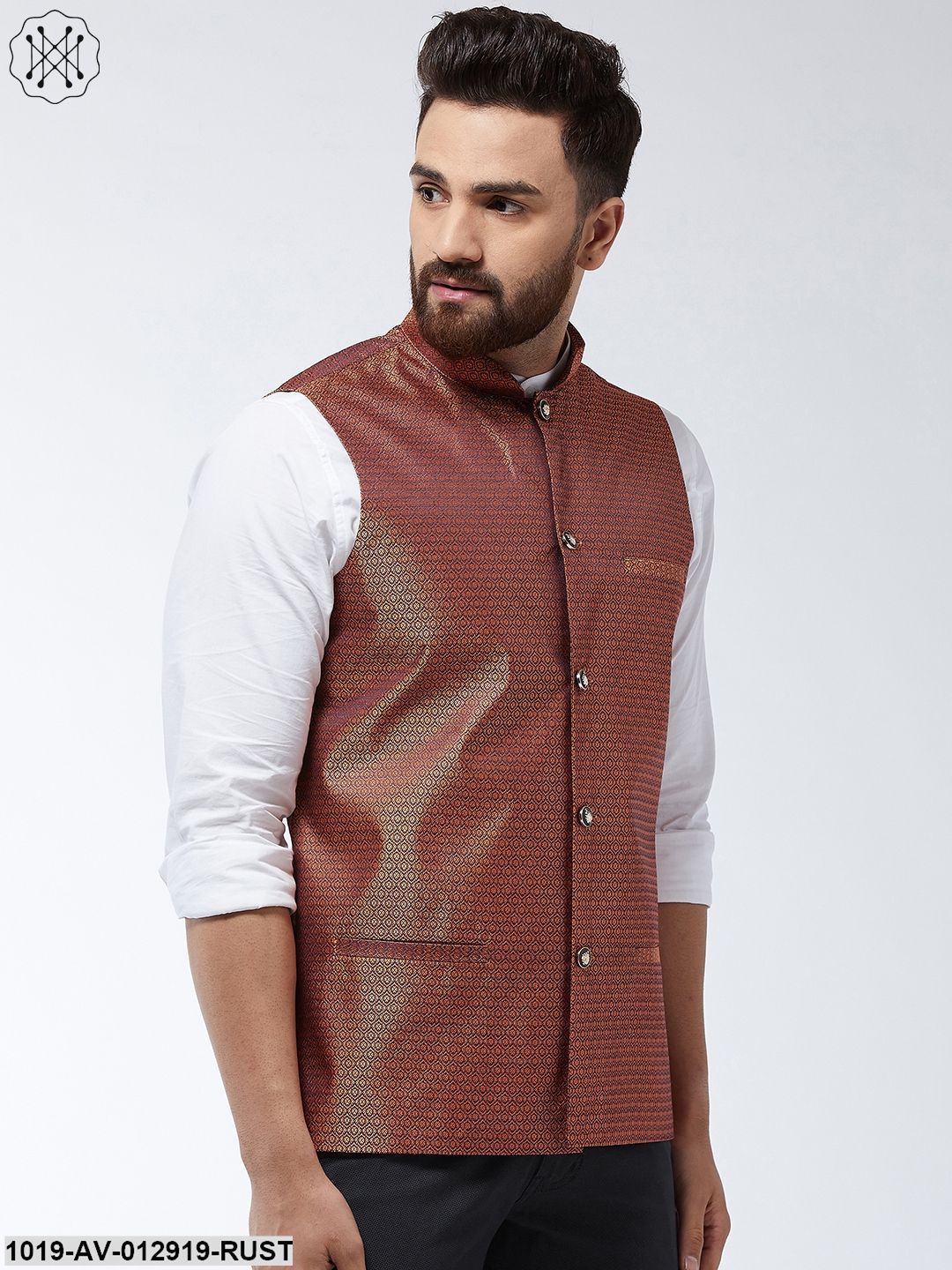 Men's Jacquard Silk Rust Self Design Nehru Jacket - Sojanya