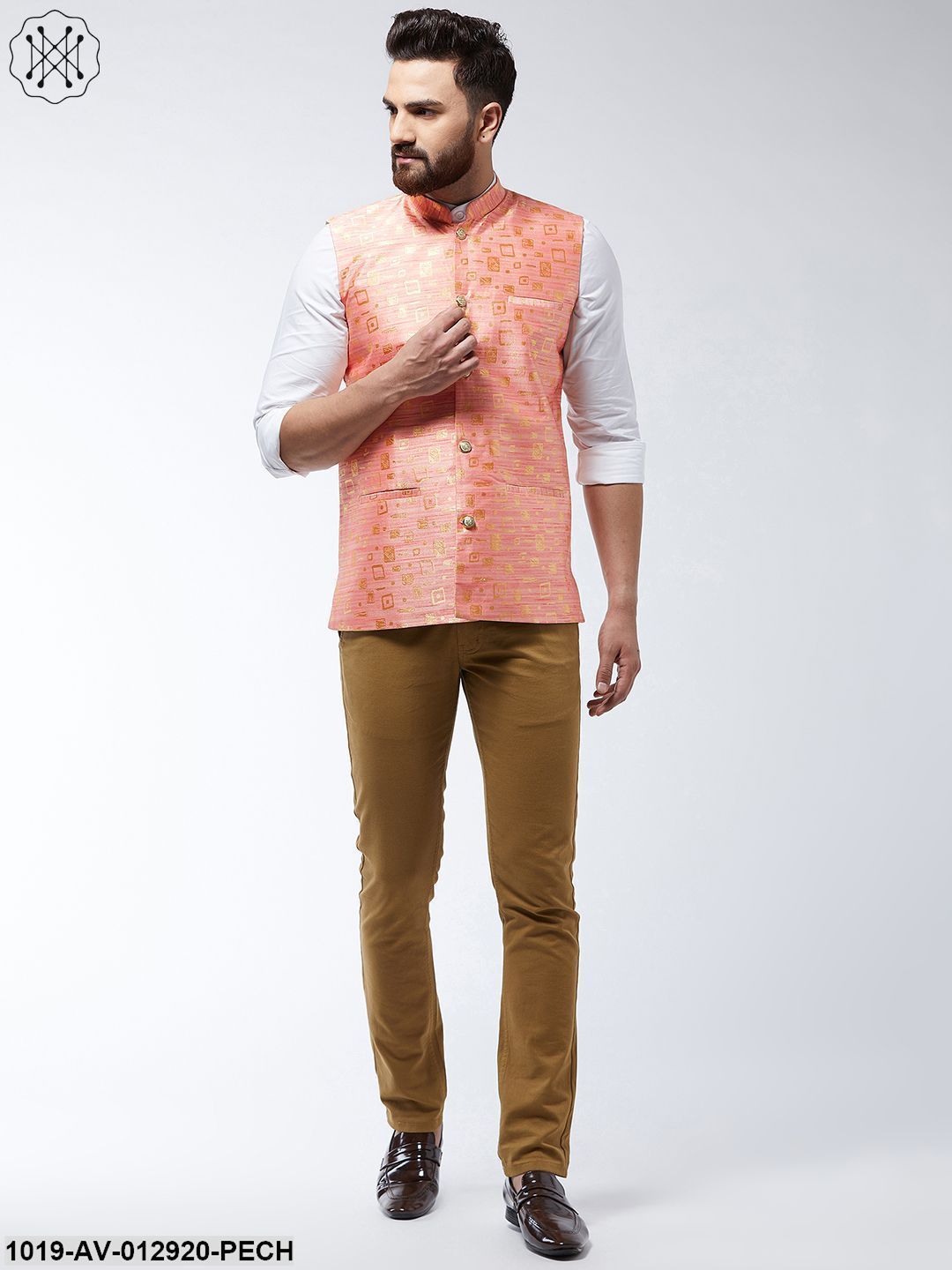 Men's Jacquard Silk Peach Designer Nehru Jacket - Sojanya