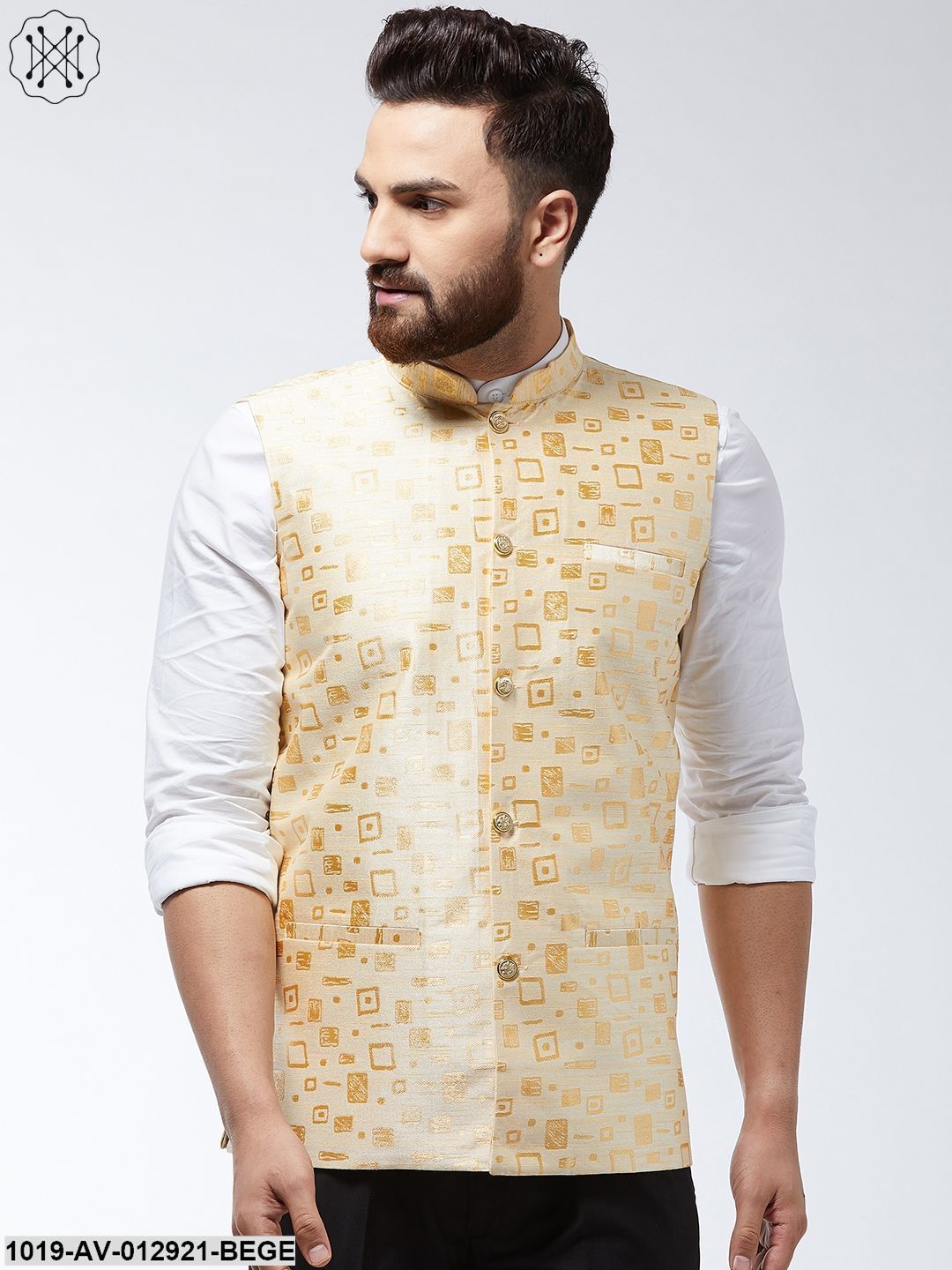 Men's Jacquard Silk Beige Designer Nehru Jacket - Sojanya