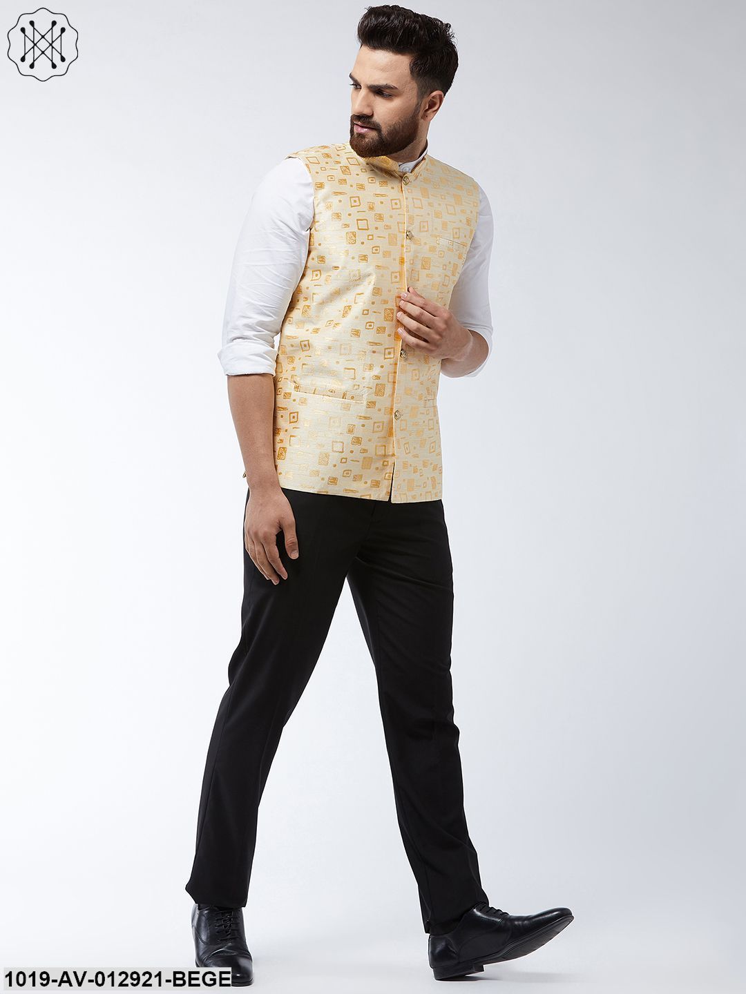 Men's Jacquard Silk Beige Designer Nehru Jacket - Sojanya