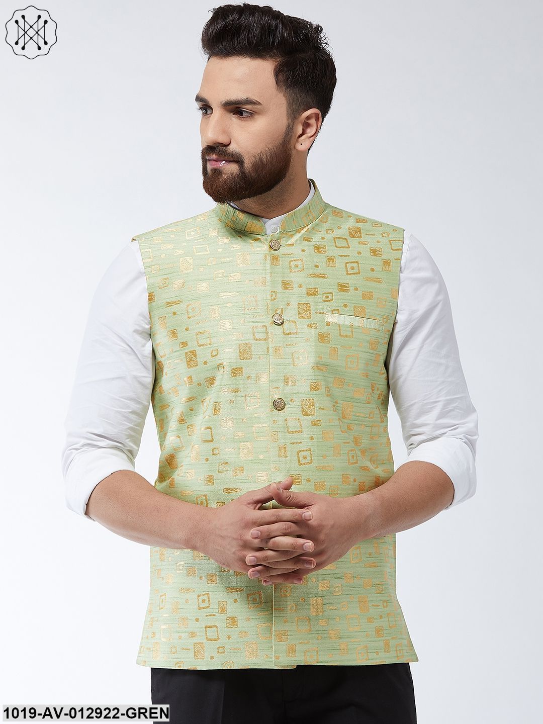Men's Jacquard Silk Green Designer Nehru Jacket - Sojanya