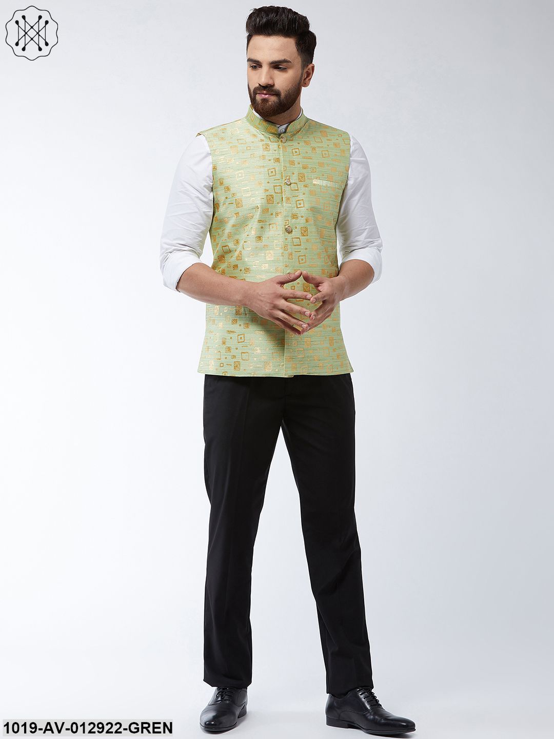 Men's Jacquard Silk Green Designer Nehru Jacket - Sojanya