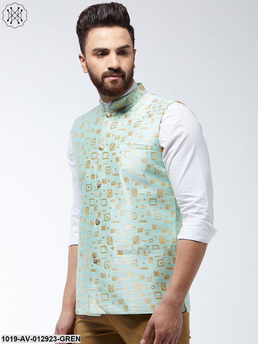 Men's Jacquard Silk Sea Green Designer Nehru Jacket - Sojanya