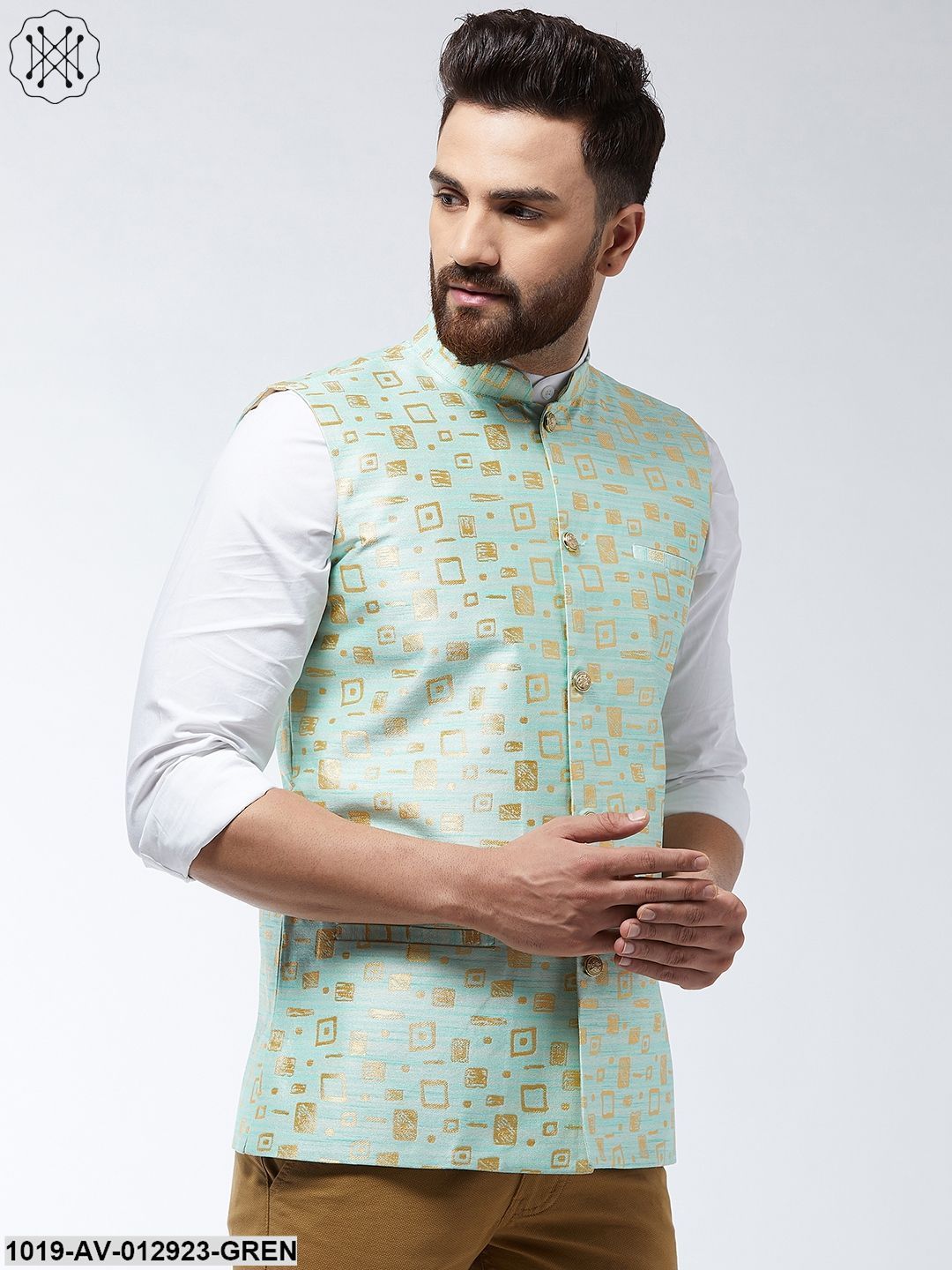 Men's Jacquard Silk Sea Green Designer Nehru Jacket - Sojanya