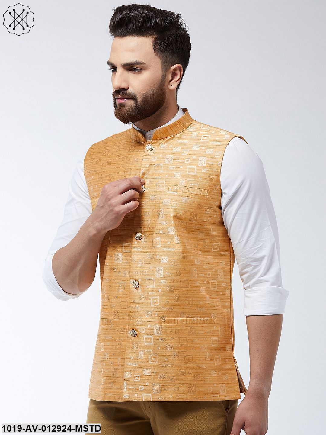 Men's Jacquard Silk Mustard Designer Nehru Jacket - Sojanya