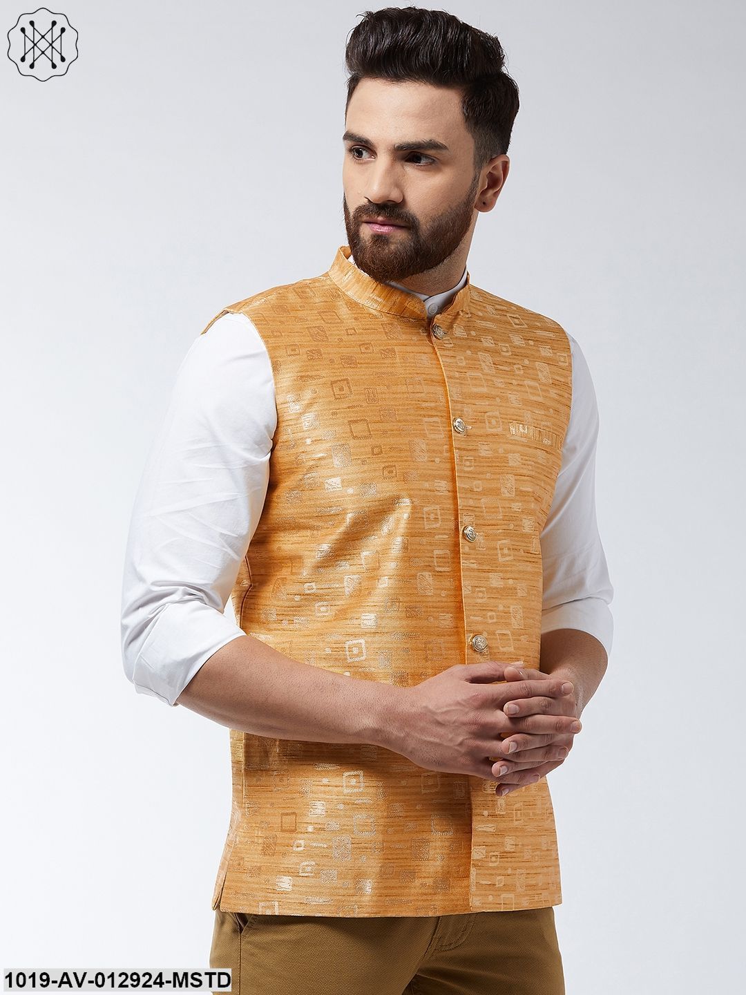Men's Jacquard Silk Mustard Designer Nehru Jacket - Sojanya