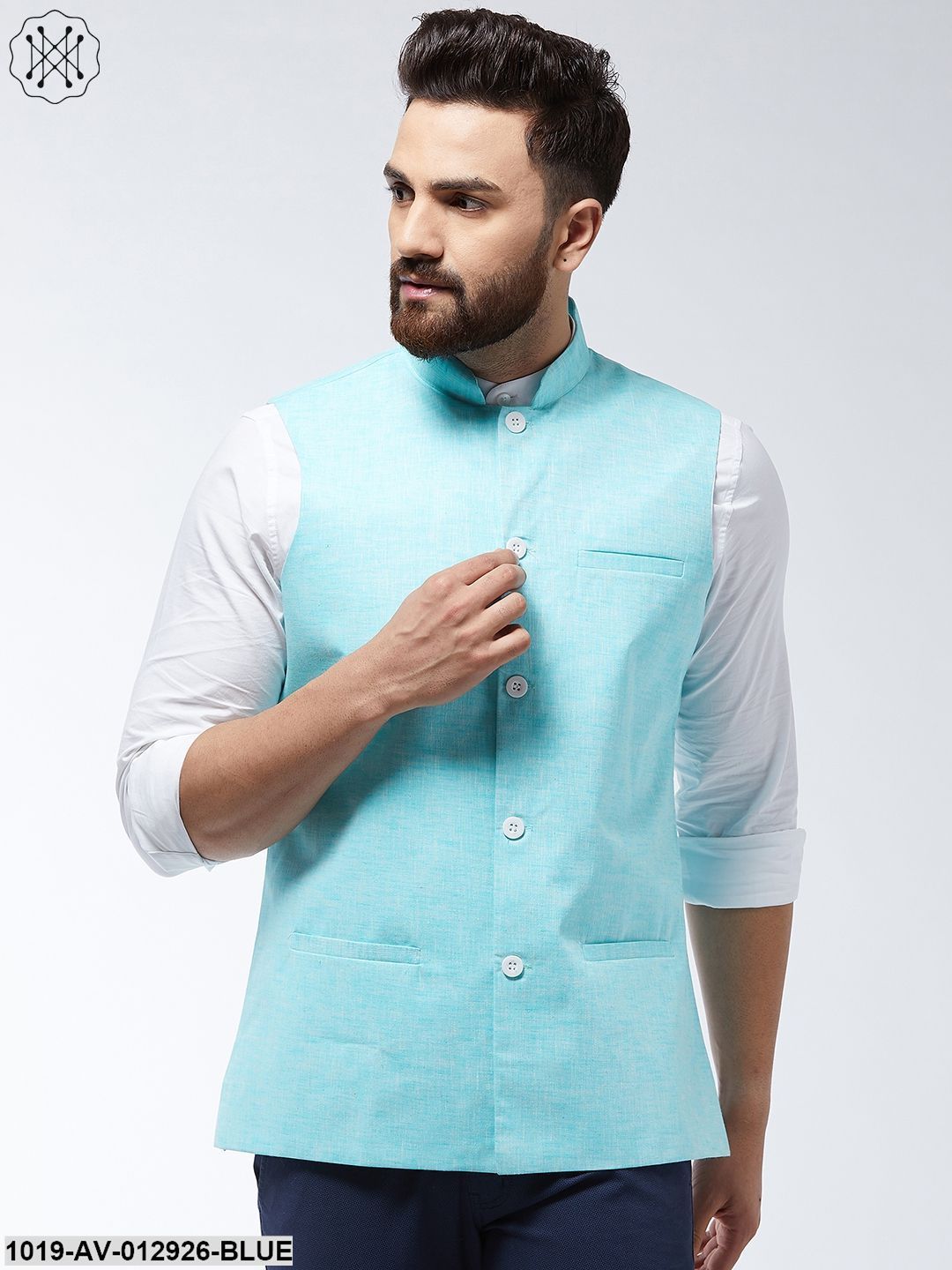 Men's Cotton Linen Blend Sky Blue Nehru Jacket