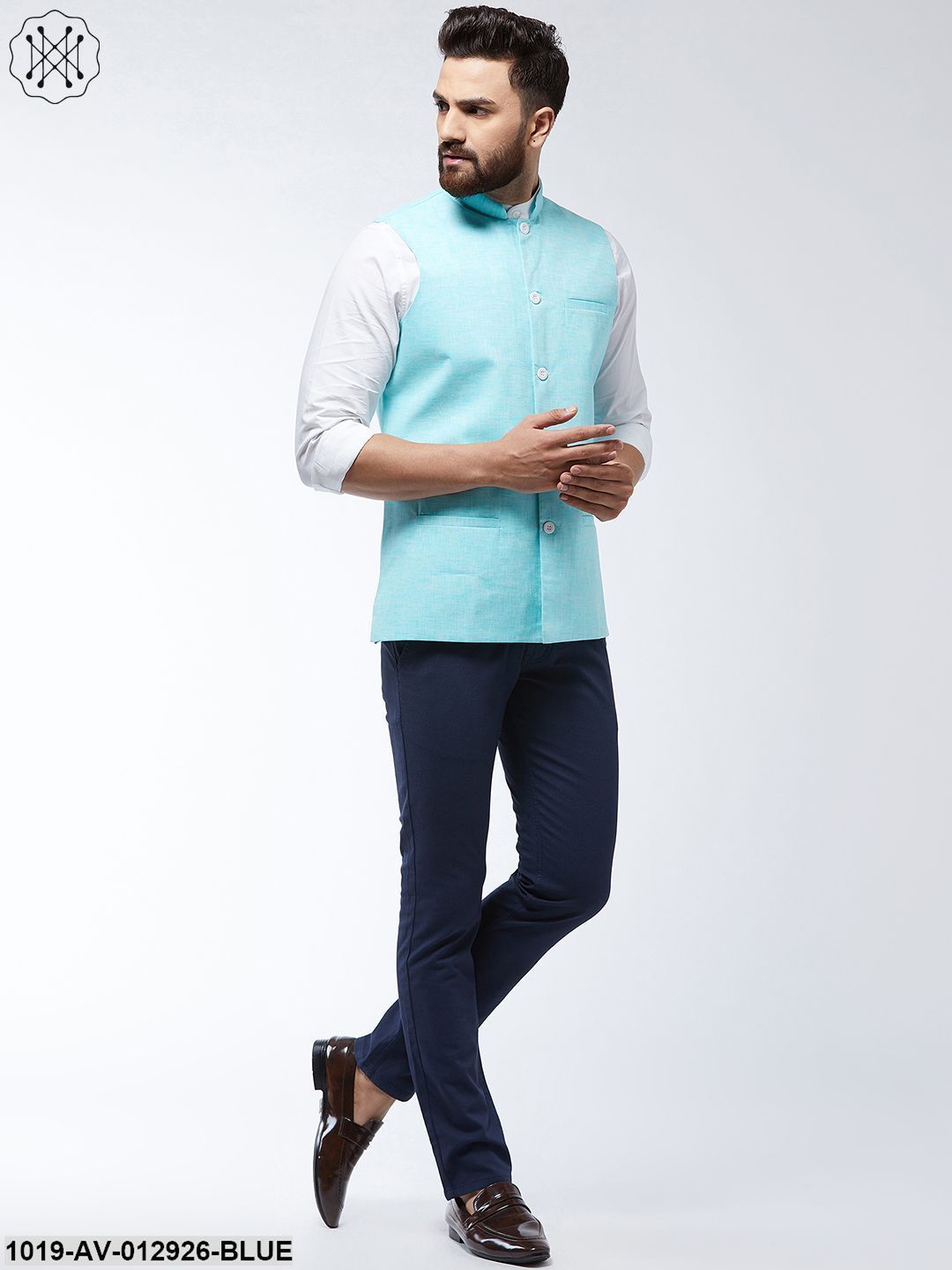 Men's Cotton Linen Blend Sky Blue Nehru Jacket