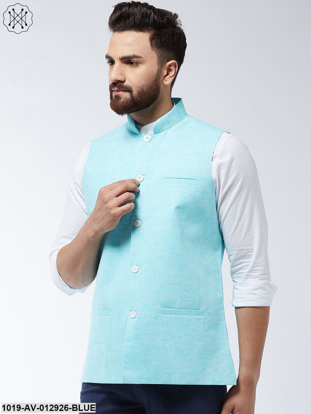 Men's Cotton Linen Blend Sky Blue Nehru Jacket