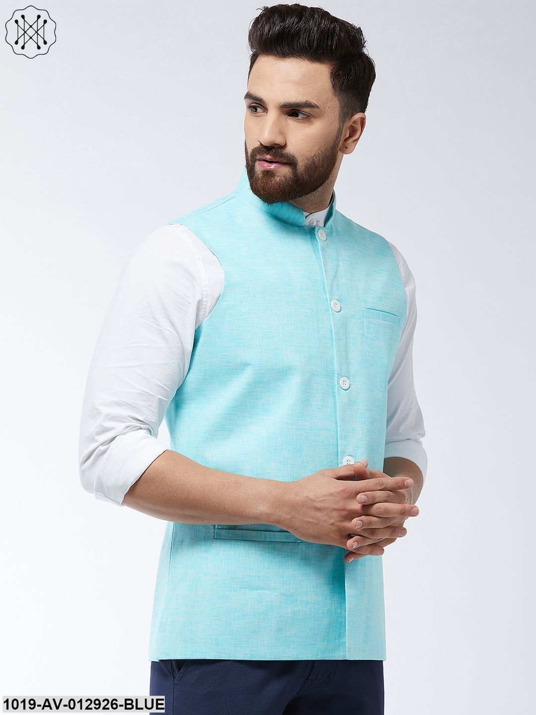 Men's Cotton Linen Blend Sky Blue Nehru Jacket