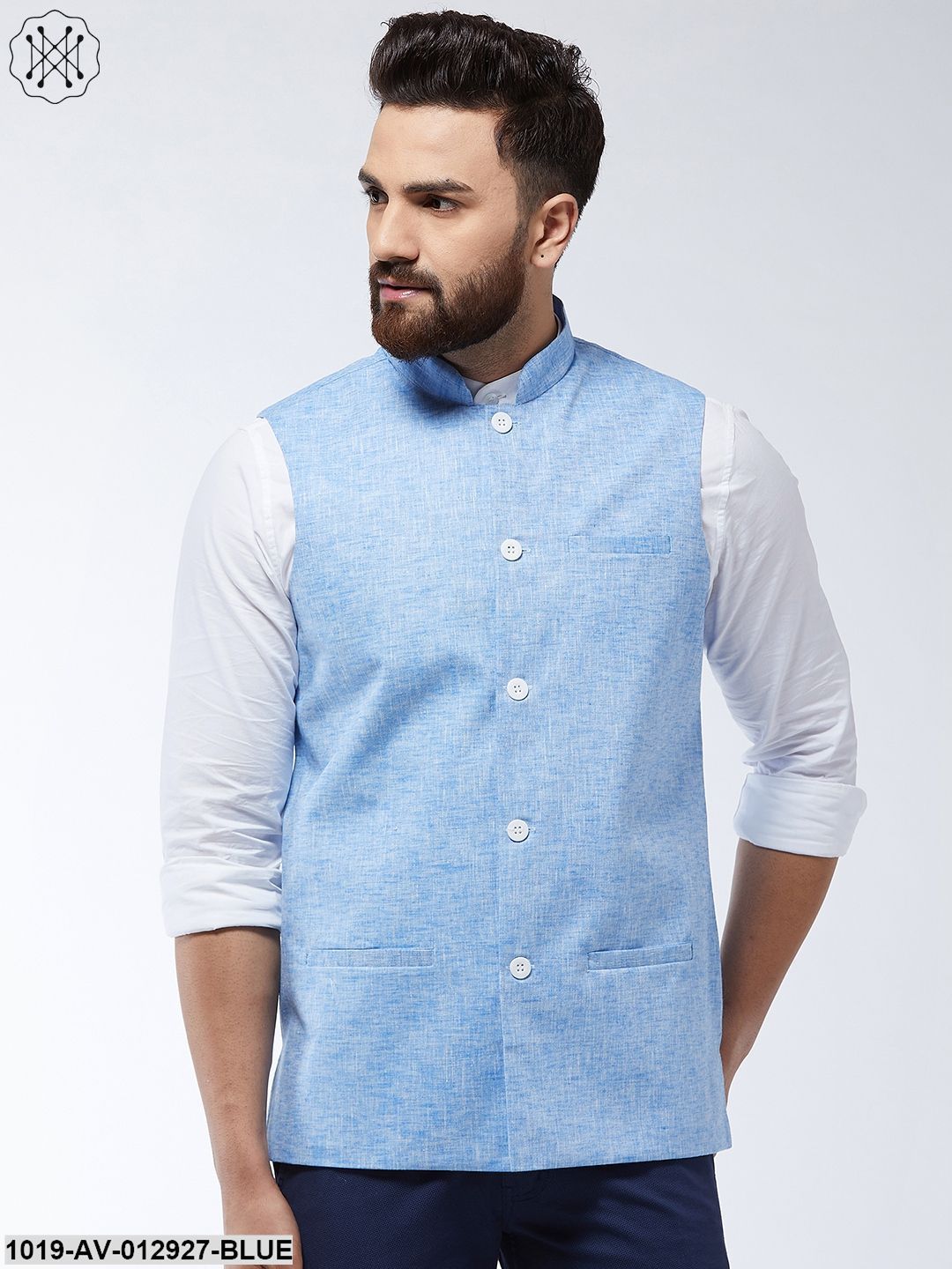 Men's Cotton Linen Blend Blue Nehru Jacket - Sojanya