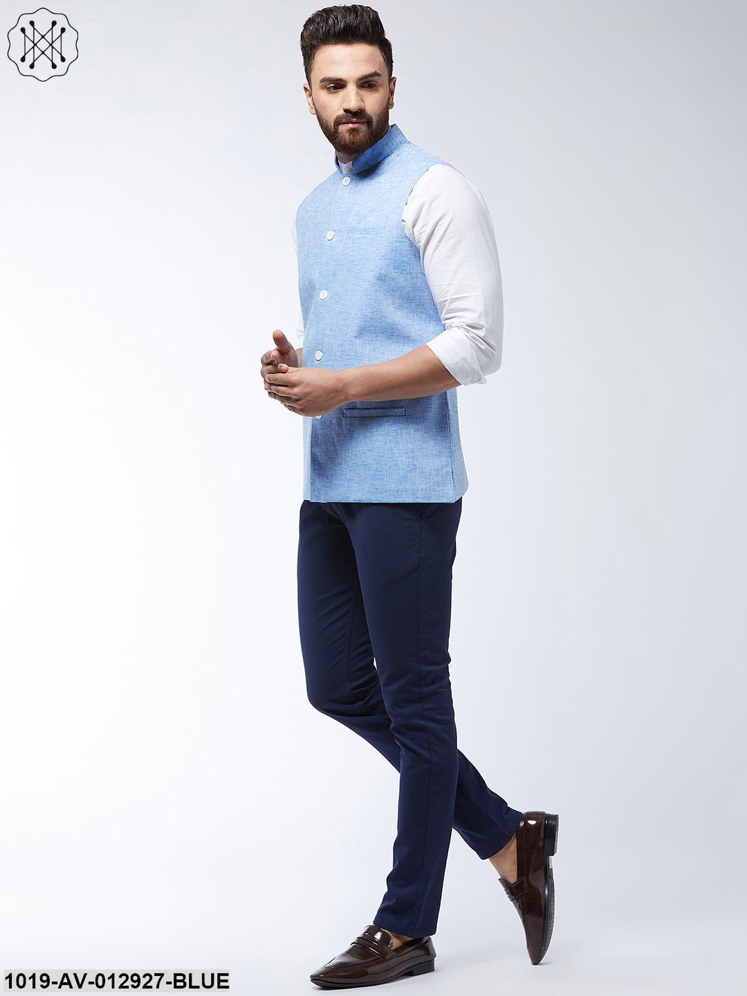 Men's Cotton Linen Blend Blue Nehru Jacket - Sojanya
