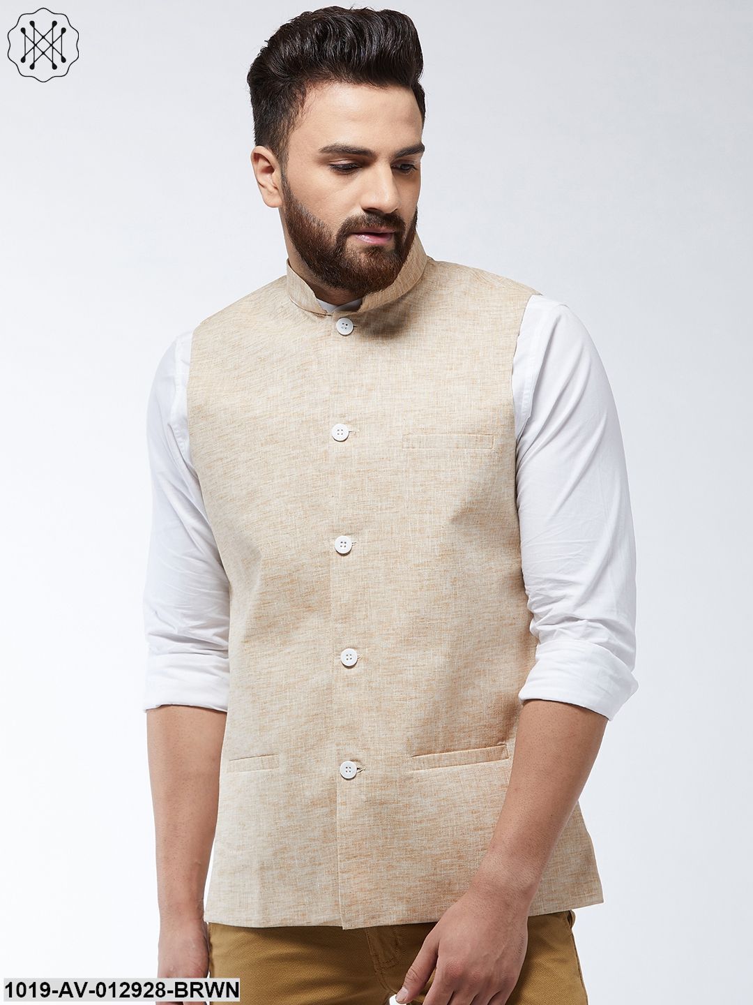 Men's Cotton Linen Blend Light Brown Nehru Jacket