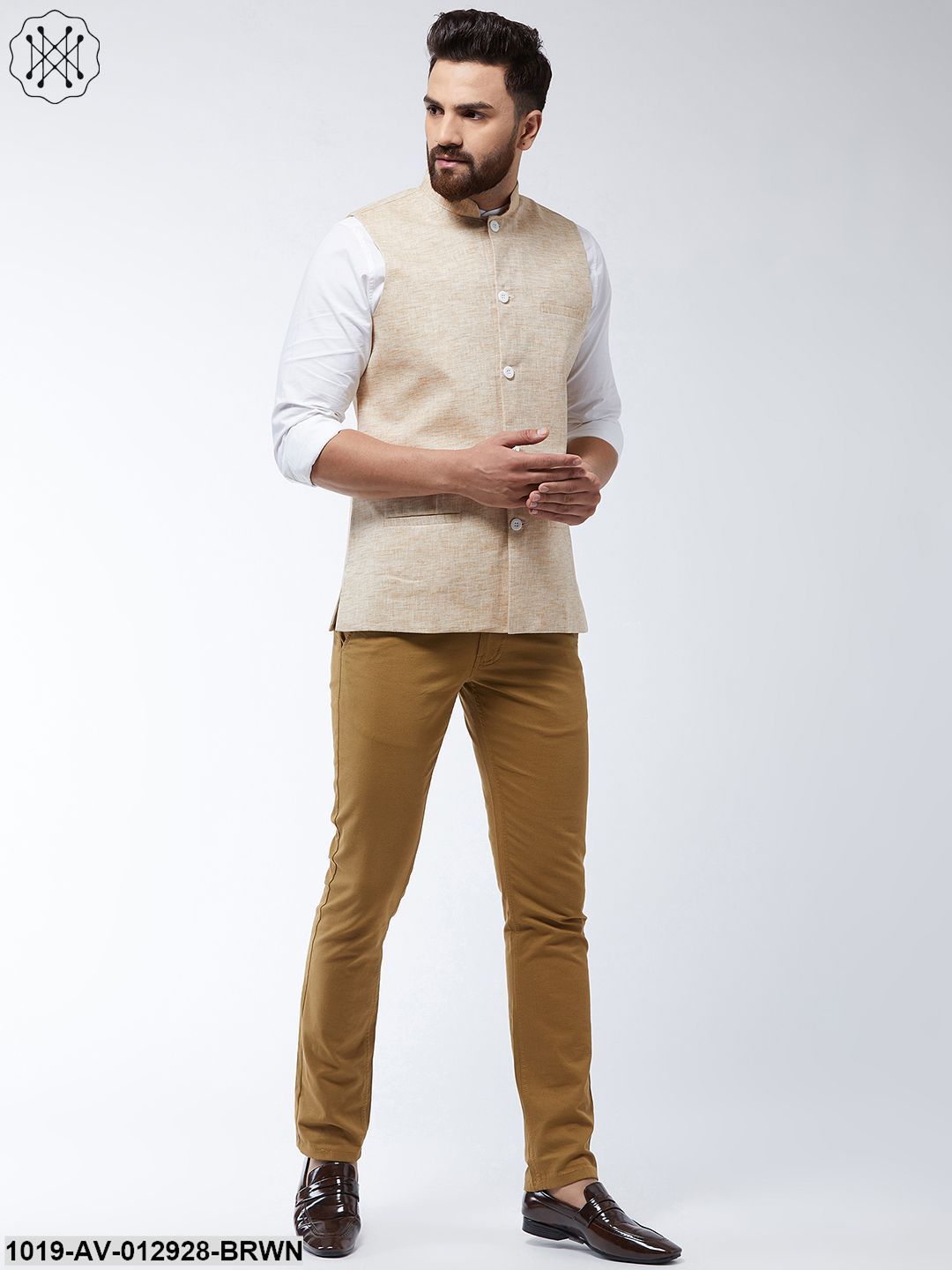 Men's Cotton Linen Blend Light Brown Nehru Jacket