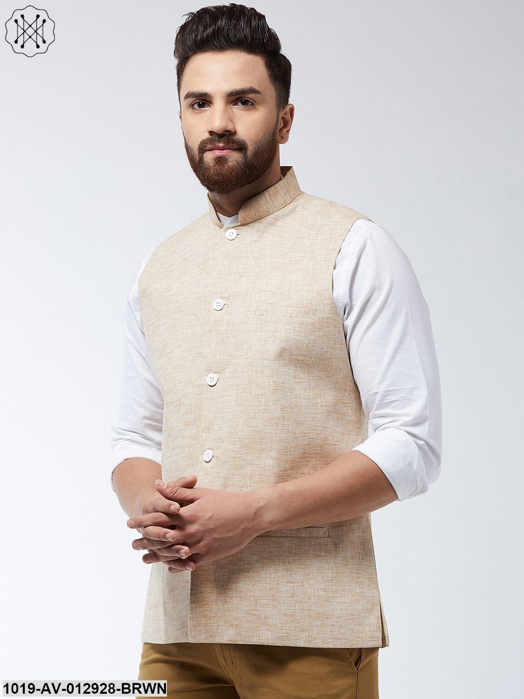 Men's Cotton Linen Blend Light Brown Nehru Jacket