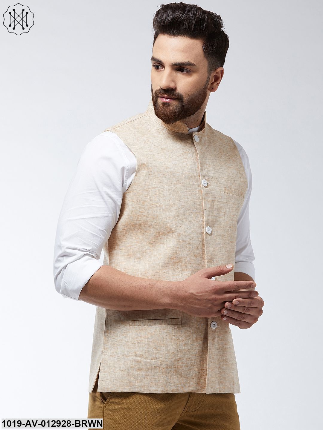 Men's Cotton Linen Blend Light Brown Nehru Jacket