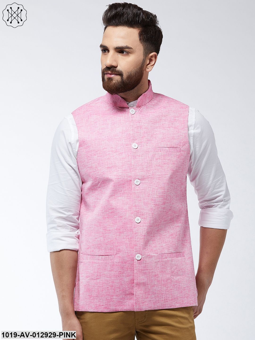Men's Cotton Linen Blend Pink Nehru Jacket