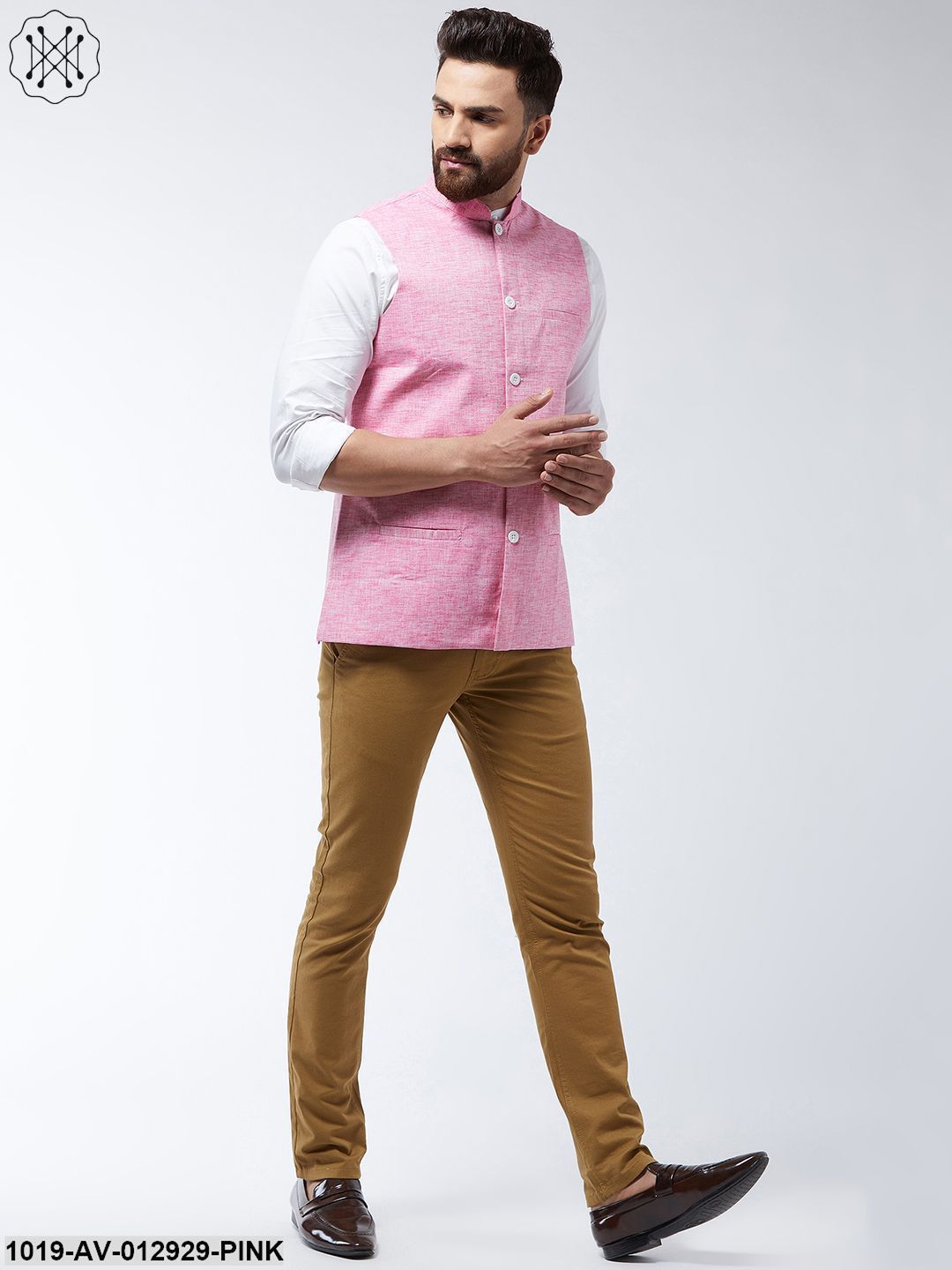 Men's Cotton Linen Blend Pink Nehru Jacket