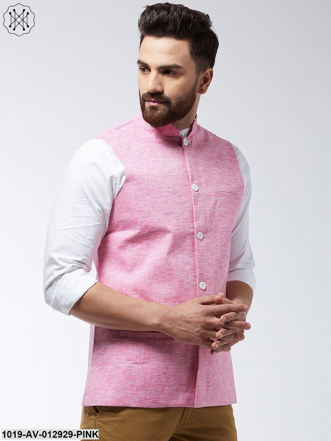 Men's Cotton Linen Blend Pink Nehru Jacket