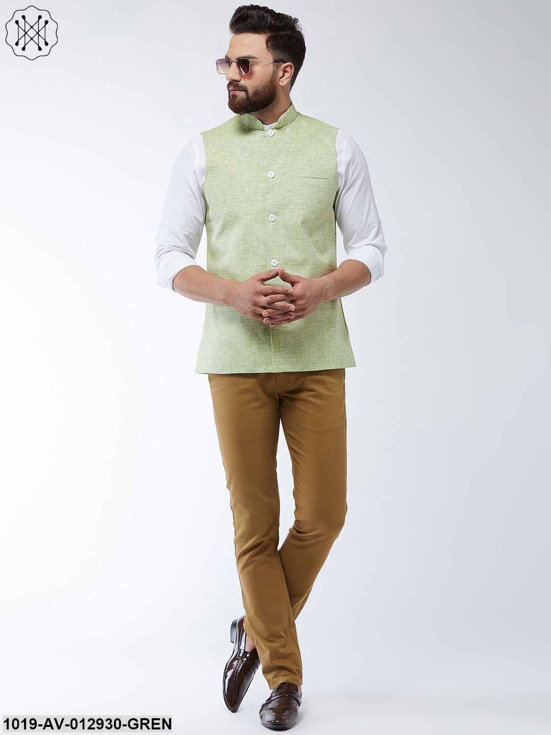 Men's Cotton Linen Blend Green Nehru Jacket