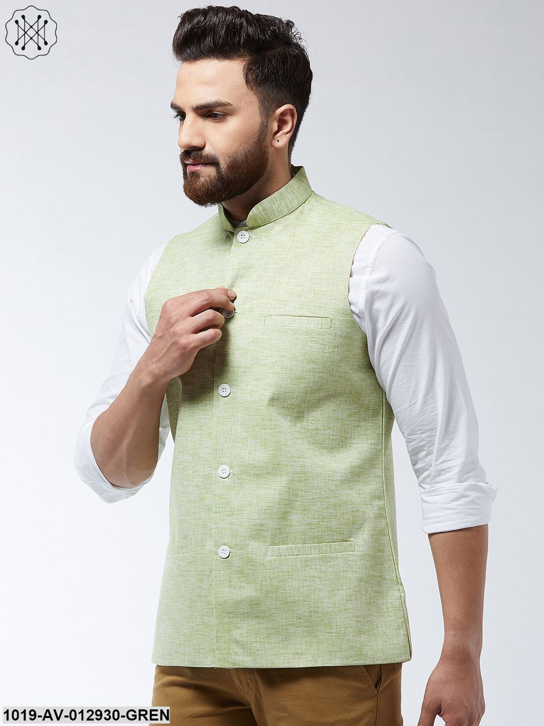 Men's Cotton Linen Blend Green Nehru Jacket