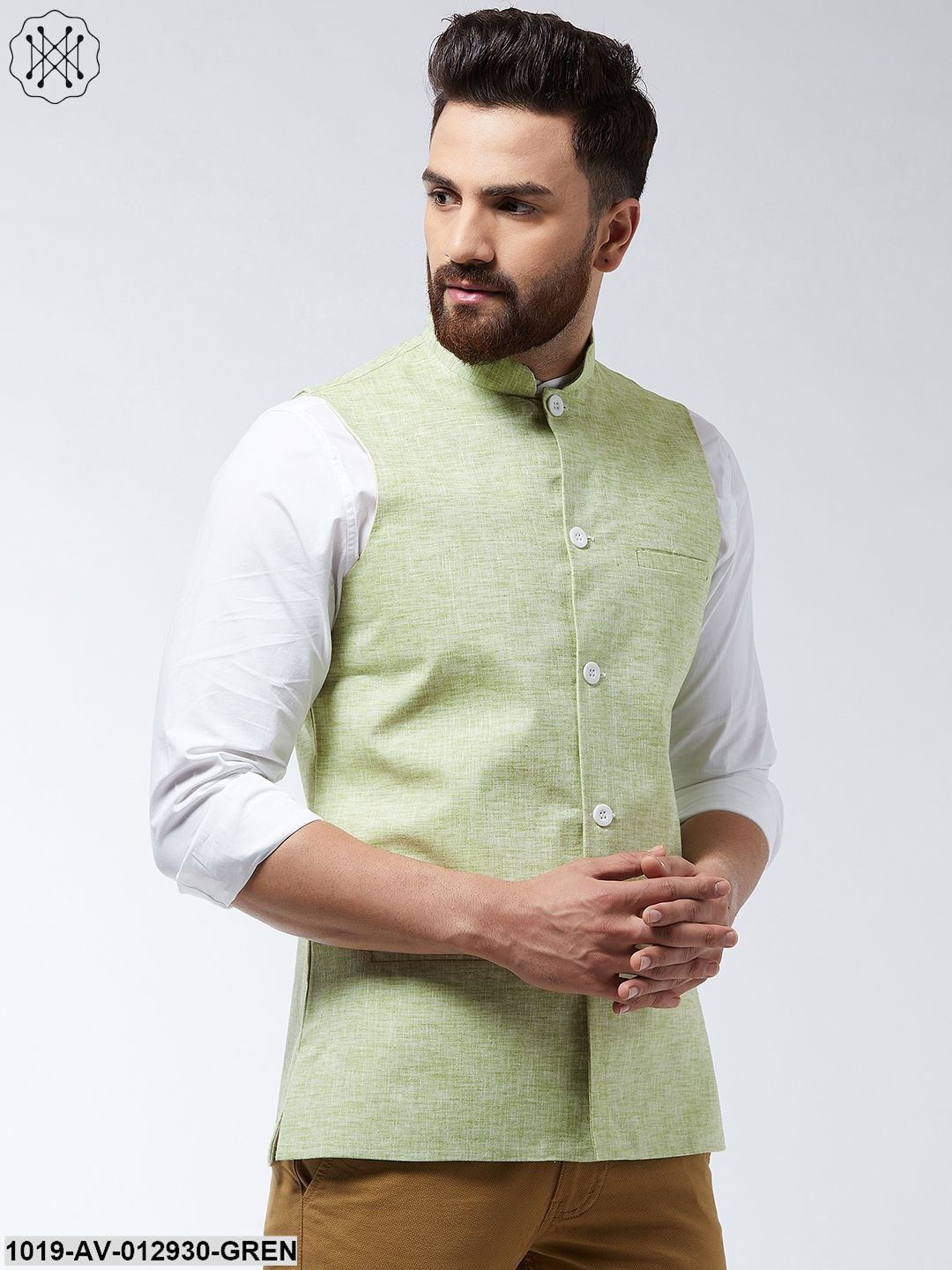 Men's Cotton Linen Blend Green Nehru Jacket