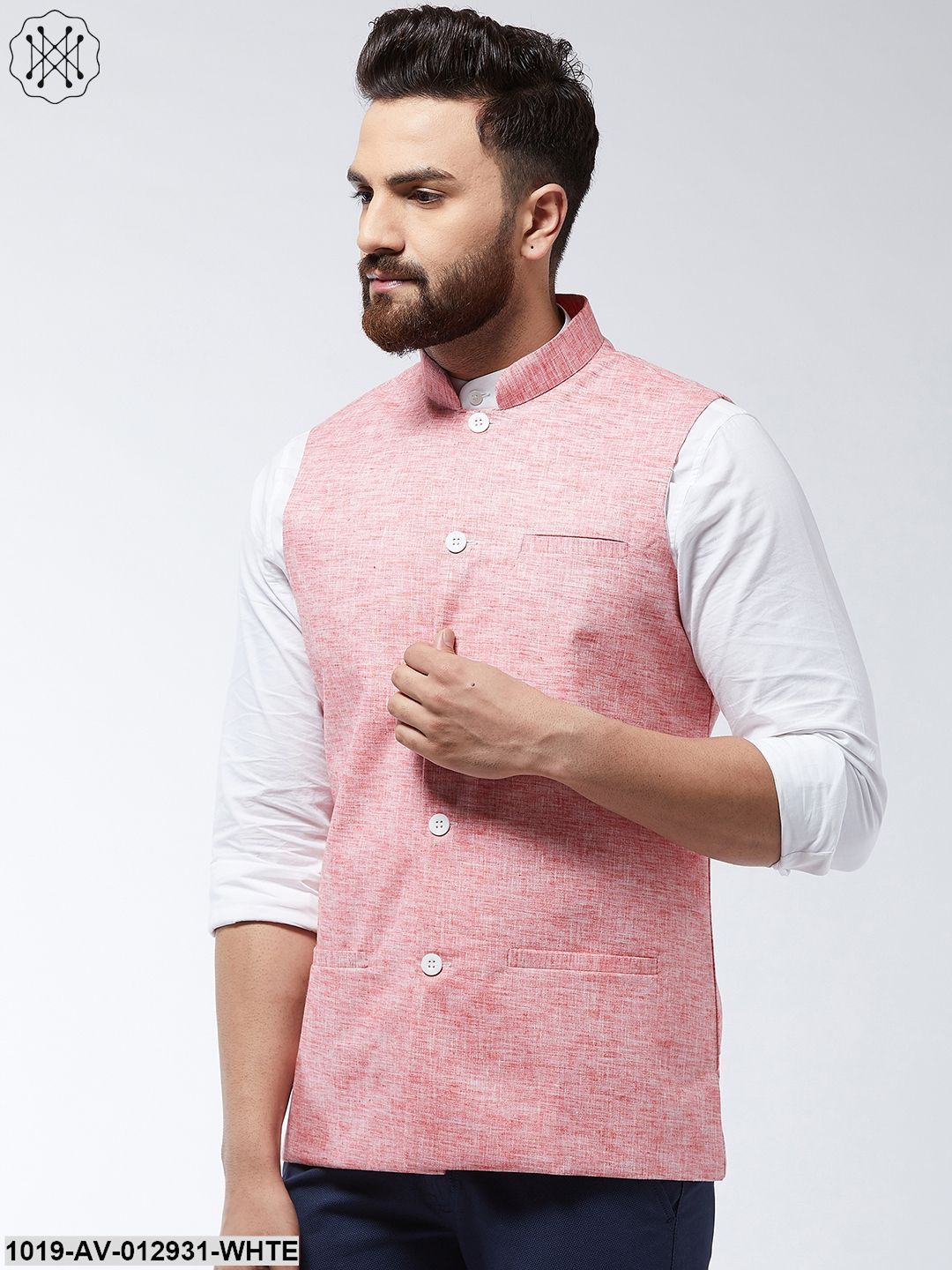 Men's Cotton Linen Blend Coral Nehru Jacket - Sojanya