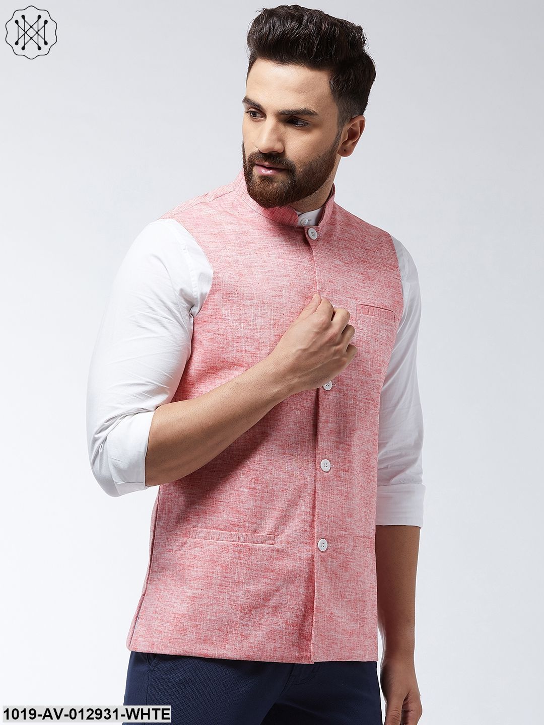 Men's Cotton Linen Blend Coral Nehru Jacket - Sojanya